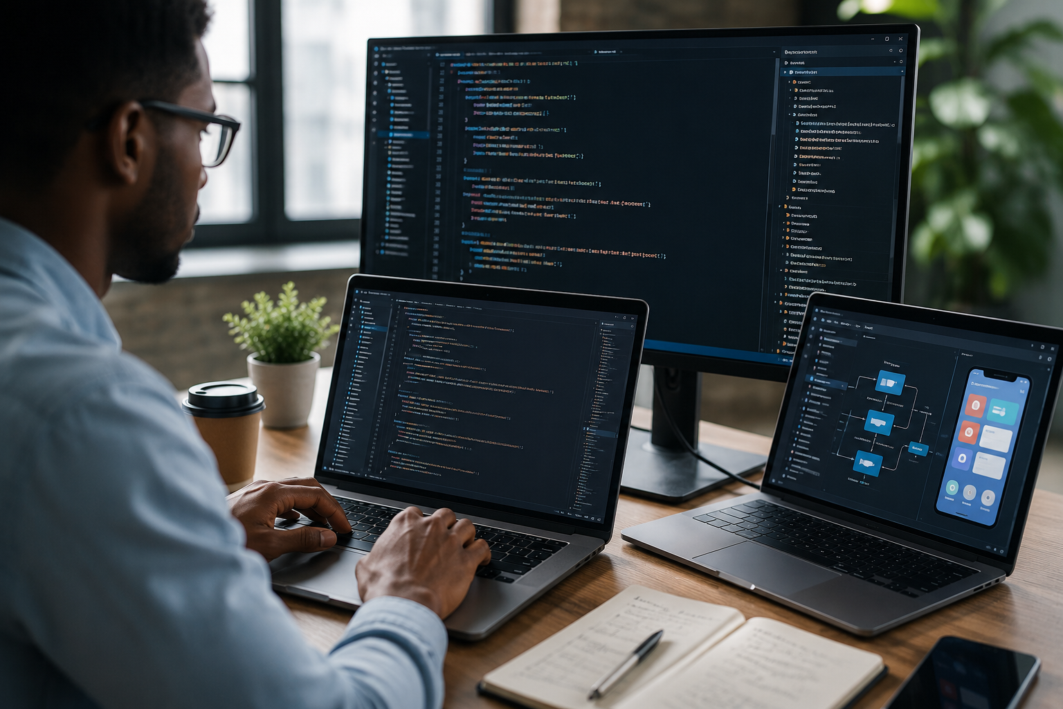 Developer working across multiple screens on a custom software build